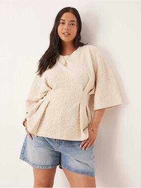 ASOS DESIGN Curve short sleeve top in cream floral jacquard  - 2X